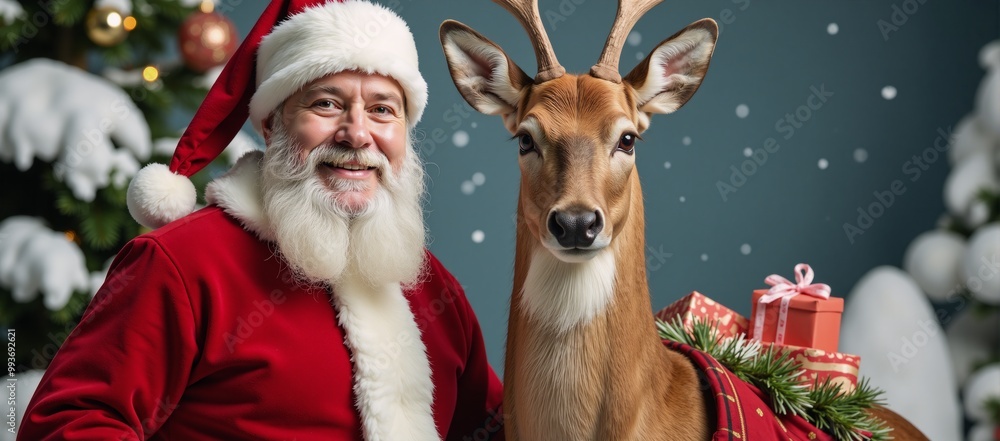 Watercolor illustration featuring Santa Claus and a deer exchanging gifts together Watercolor illustration featuring Santa Claus and a deer exchanging gifts together