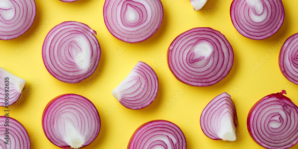 Neatly Sliced Red Onions on Yellow Background Neatly Sliced Red Onions on Yellow Background