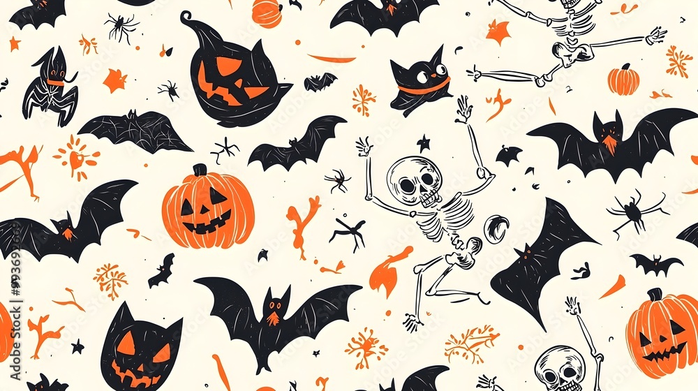 Spooky Skeleton Dance with Bats and Witchy Cats in Seamless Halloween Pattern Spooky Skeleton Dance with Bats and Witchy Cats in Seamless Halloween Pattern