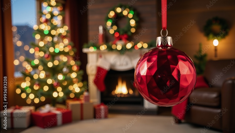 Red ornament on Christmas-themed backdrop with festive ribbons
