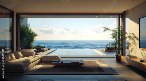 Modern Living Room With Ocean View 3D Illustration