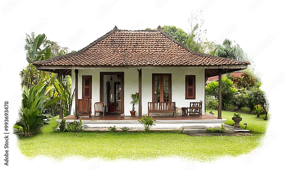 Traditional Javanese House with Lush Greenery Traditional Javanese House with Lush Greenery