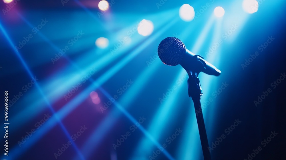 Obraz premium A close-up of a wireless microphone being used by a pop star on stage, as bright beams of light shine down, highlighting the energy of the performance.