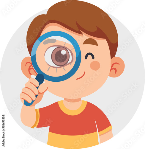 child holding a magnifying glass to his eye vector art, icon