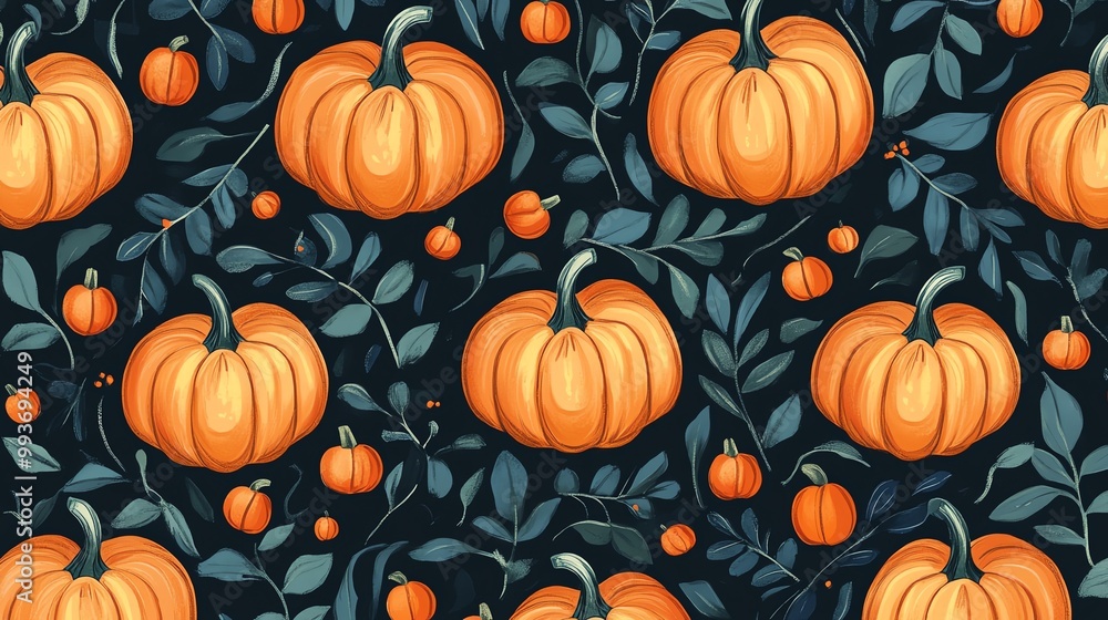 Colorful pumpkin pattern with leaves Colorful pumpkin pattern with leaves