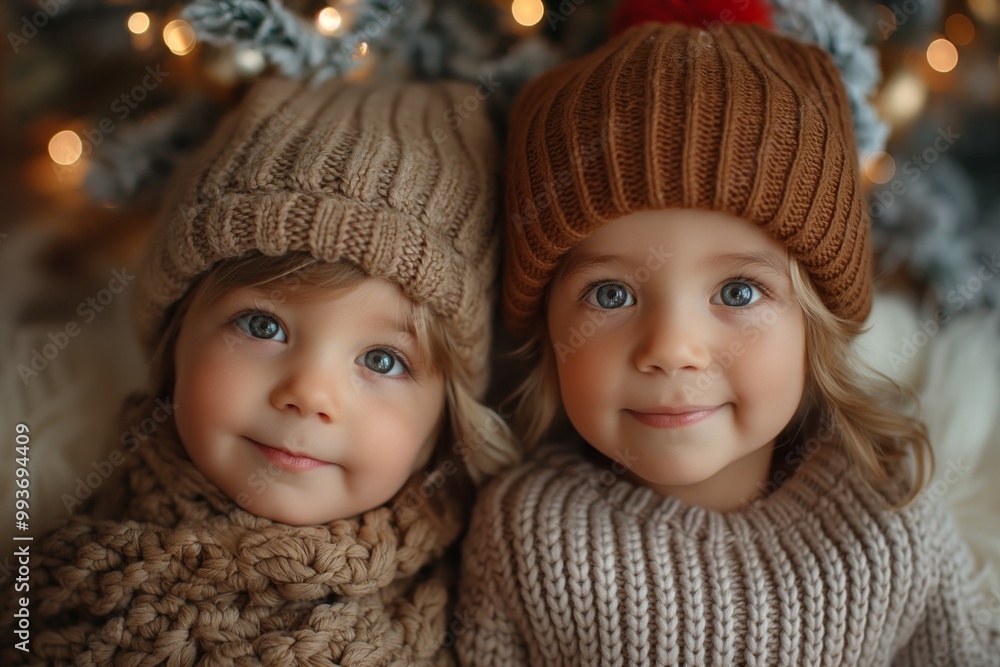 Two young children in knit beanies smile warmly, surrounded by festive lights, creating a cozy, holiday atmosphere. Two young children in knit beanies smile warmly, surrounded by festive lights, creating a cozy, holiday atmosphere.