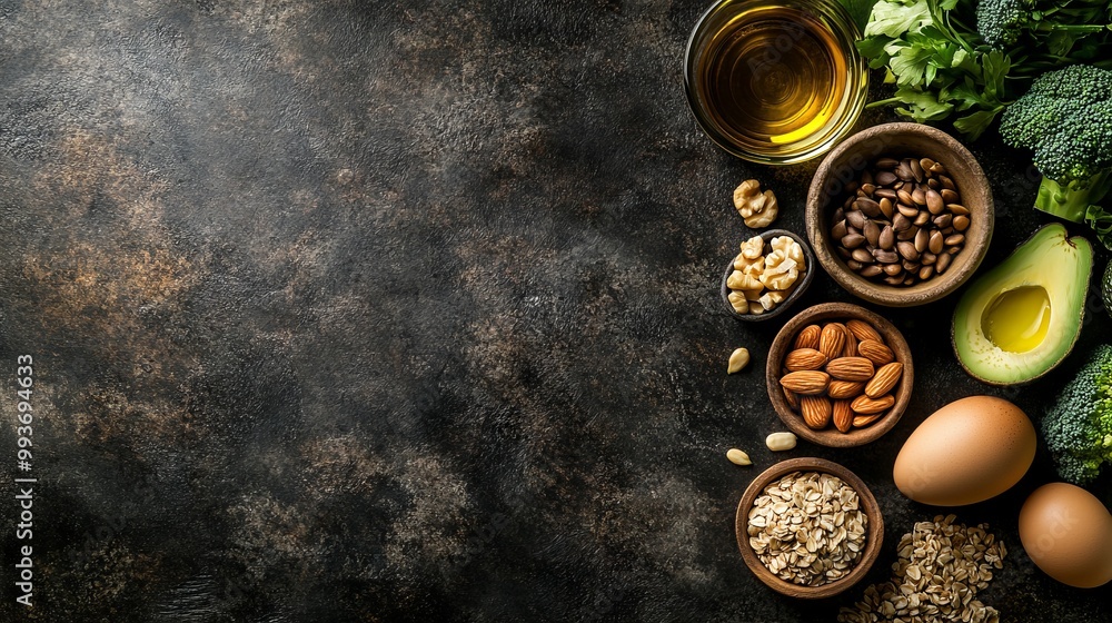 Healthy Food Arrangement on Dark Background. AI generated illustration Healthy Food Arrangement on Dark Background. AI generated illustration