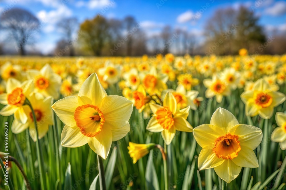 Fototapeta premium Yellow daffodils blooming under clear blue sky