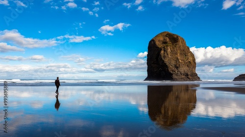 Lonely individual strolling along Cannon Beach in Orgeon, Oregon, USA, in the direction of a massive rock.
 photo