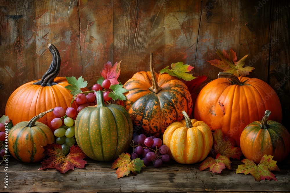 Cozy Autumn Still Life Featuring a Variety of Pumpkins, Grapes, and Vibrant Fall Leaves Cozy Autumn Still Life Featuring a Variety of Pumpkins, Grapes, and Vibrant Fall Leaves