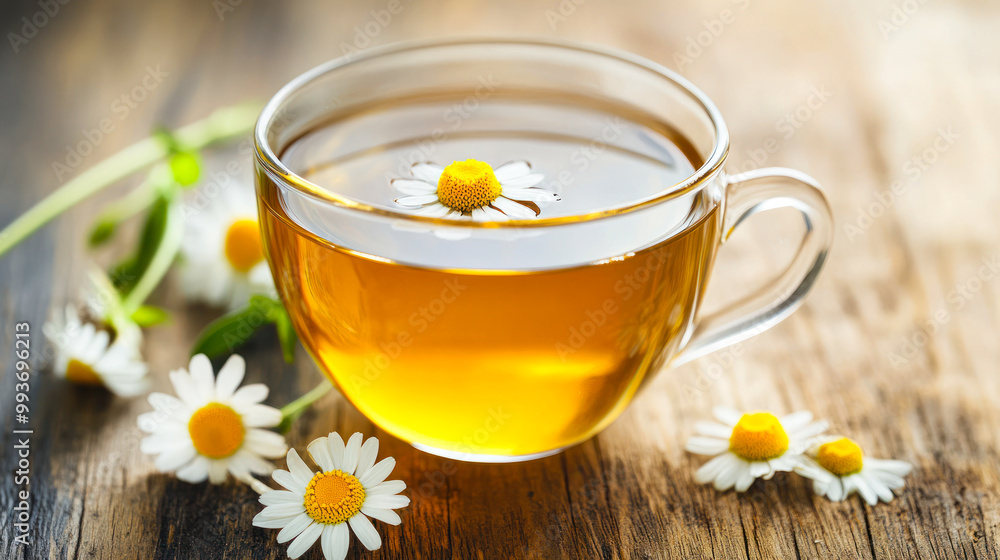 Herbal chamomile tea in glass cup and chamomile flowers on wooden table. Countryside background. Healthy Chamomile summer tea, Immunity tea. Copy space, product place. Side view Herbal chamomile tea in glass cup and chamomile flowers on wooden table. Countryside background. Healthy Chamomile summer tea, Immunity tea. Copy space, product place. Side view