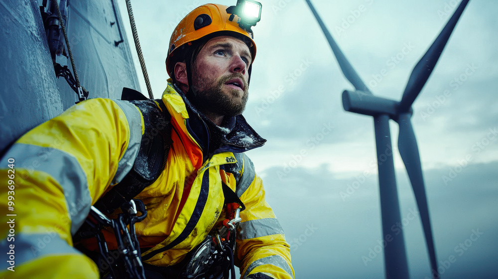 maintenance worker in yellow jacket and helmet is performing offshore wind turbine maintenance, showcasing determination and focus against dramatic sky maintenance worker in yellow jacket and helmet is performing offshore wind turbine maintenance, showcasing determination and focus against dramatic sky