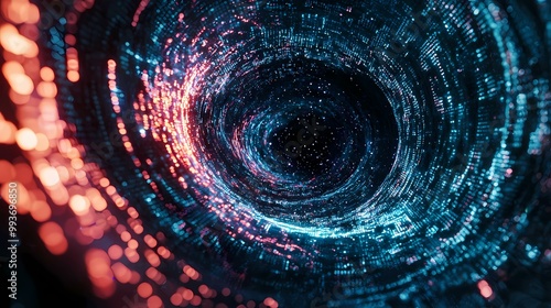 The image is an abstract rendering of a swirling vortex of blue and red lights against a black background.  It appears to be a representation of digital information flowing and connecting. photo