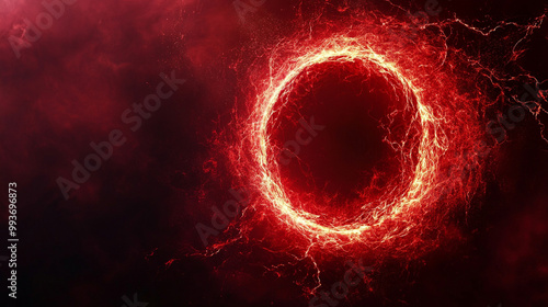 striking red abstract circle with glowing plasma and electric lightning particle effects. The vibrant energy radiates symbolism of power, transformation, and the raw force of nature's creation photo