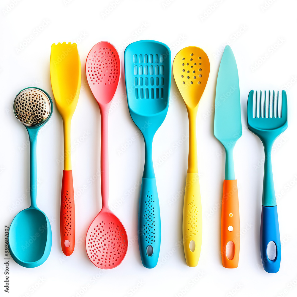 A set of colorful kitchen utensils arranged on a white background A set of colorful kitchen utensils arranged on a white background