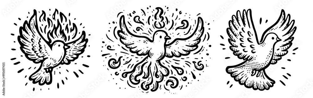 Fototapeta premium black and white vector illustrations of holy doves representing peace