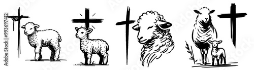 cartoon sheep and christian crosses in playful style black vector