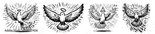 collection of holy doves designs in black and white vector line art