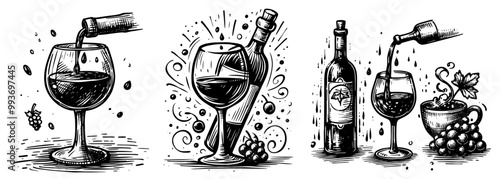 black and white vector drawings of wine bottle and glass in various sketch styles
