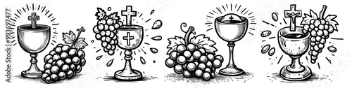 collection of sacred chalices with grapes in black and white vector art