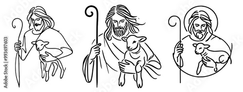 collection of jesus christ silhouettes in hand-drawn doodle style, black and white vector illustrations