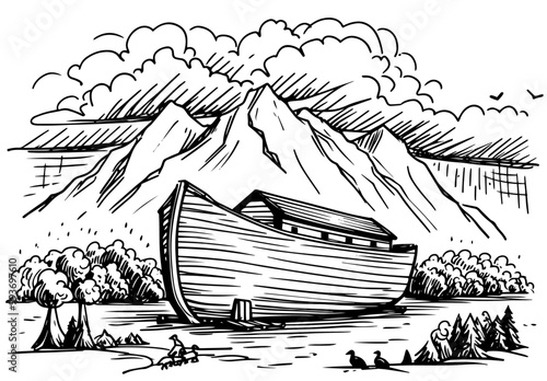 hand-drawn sketch of noah's ark in black and white vector illustration