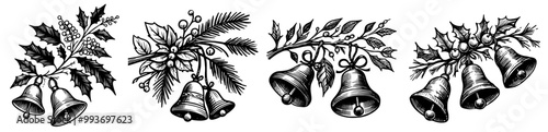 detailed christmas bells illustration in black and white vector artwork