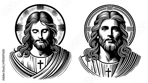 black and white vector set of jesus christ portraits in detailed line art