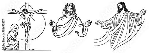 Jesus Christ Savior Messiah Son of God, vector illustration silhouette, , religious monochrome doodle line art style, hand-drawn pattern monoline