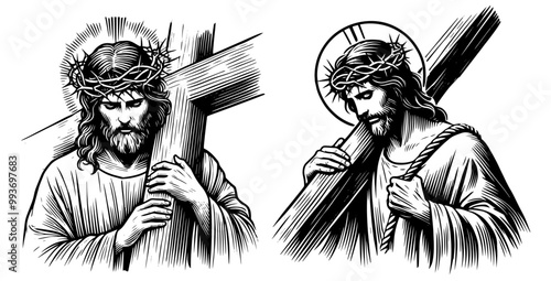 black vector set of jesus christ walking with the cross hand-drawn style