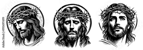 black and white vector set of jesus christ portraits in sacred line art