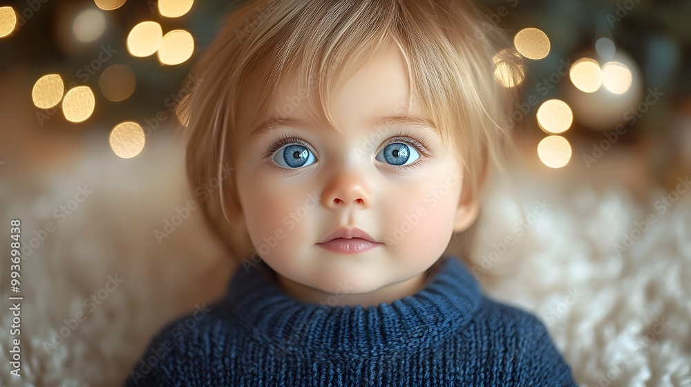 Stylish One-Year-Old in Blue Sweater Sitting on Soft Carpet Near Christmas Tree Stylish One-Year-Old in Blue Sweater Sitting on Soft Carpet Near Christmas Tree