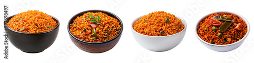 A collection of colorful bowls filled with various types of rice dishes, showcasing vibrant spices and ingredients, against a black background.