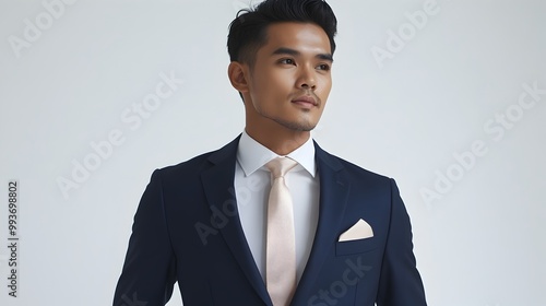 Malay Businessman in Navy Suit and Gold Accents Captured for Explainer Video on White Background