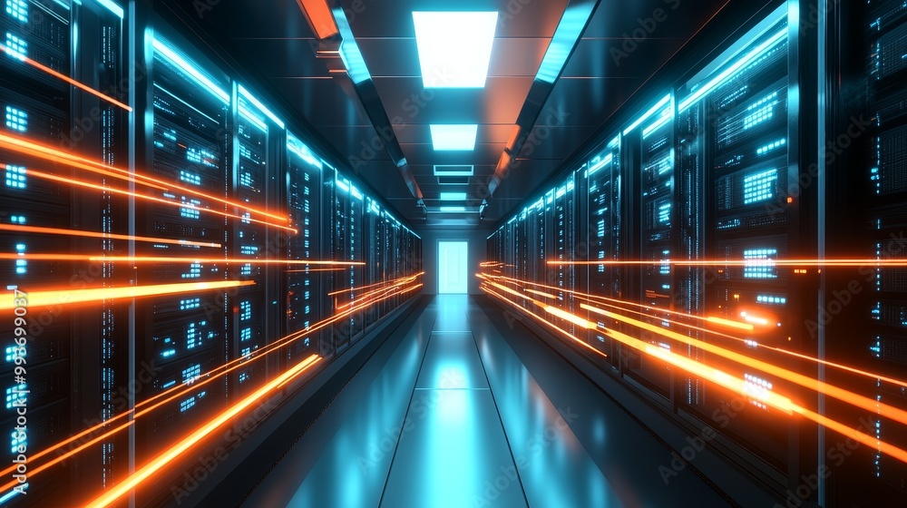 Futuristic Data Center Hallway with Rows of Server Racks and Streaming Data Futuristic Data Center Hallway with Rows of Server Racks and Streaming Data