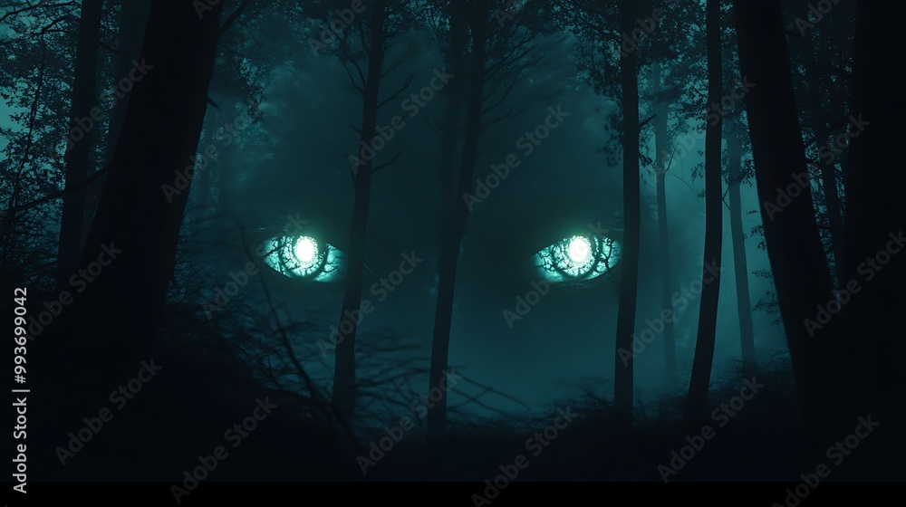 A pair of glowing green eyes peer out from the misty depths of a dark forest. A pair of glowing green eyes peer out from the misty depths of a dark forest.