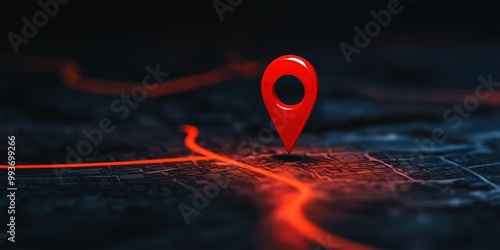 A red 3D pin on a dark city map with glowing pathways, symbolizing navigation, geolocation, and route planning in a modern digital context.