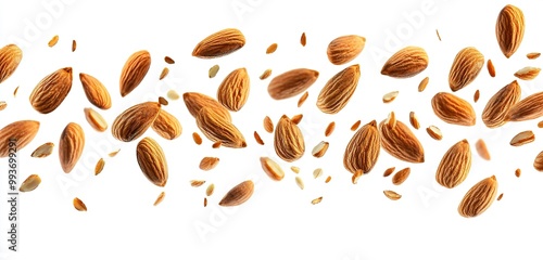 A high-resolution photograph of a macro shot of flying or falling almond nuts...