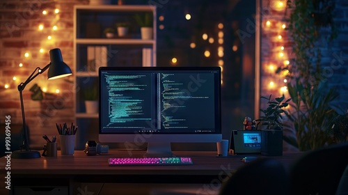 Cozy Nighttime Office with Computer and Gadgets. AI generated illustration