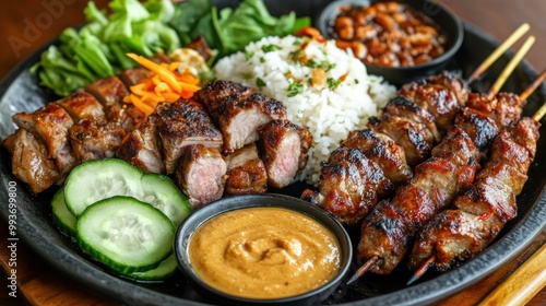 A vibrant platter featuring grilled meats, rice, vegetables, and dipping sauce.