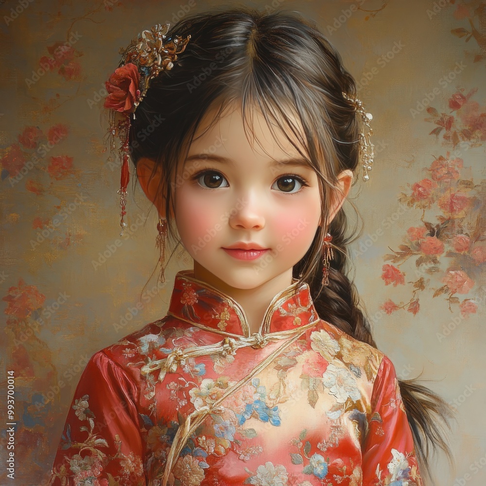 Hyper-realistic portrait of a young Chinese girl in traditional dress with delicate facial features Hyper-realistic portrait of a young Chinese girl in traditional dress with delicate facial features