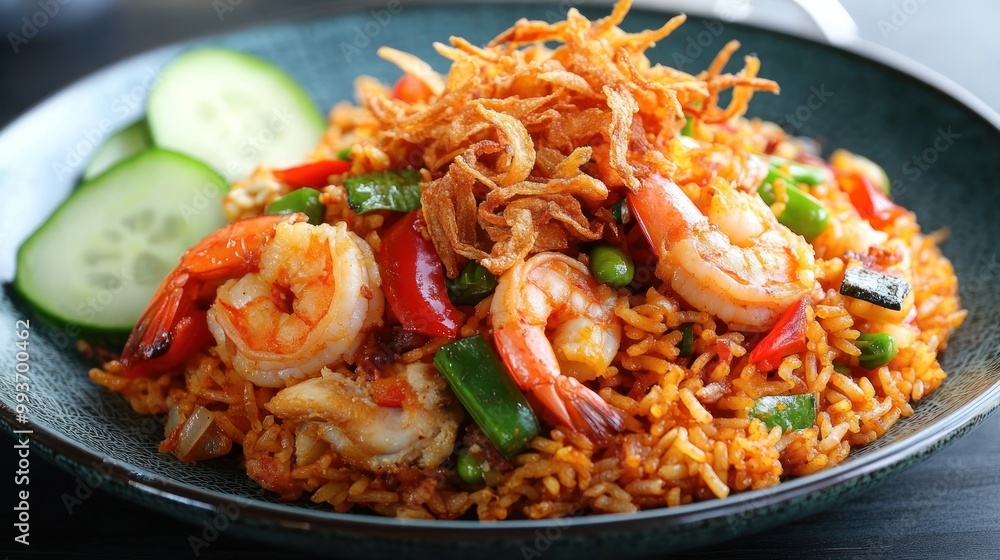 A vibrant plate of shrimp fried rice garnished with crispy onions and cucumber slices. A vibrant plate of shrimp fried rice garnished with crispy onions and cucumber slices.