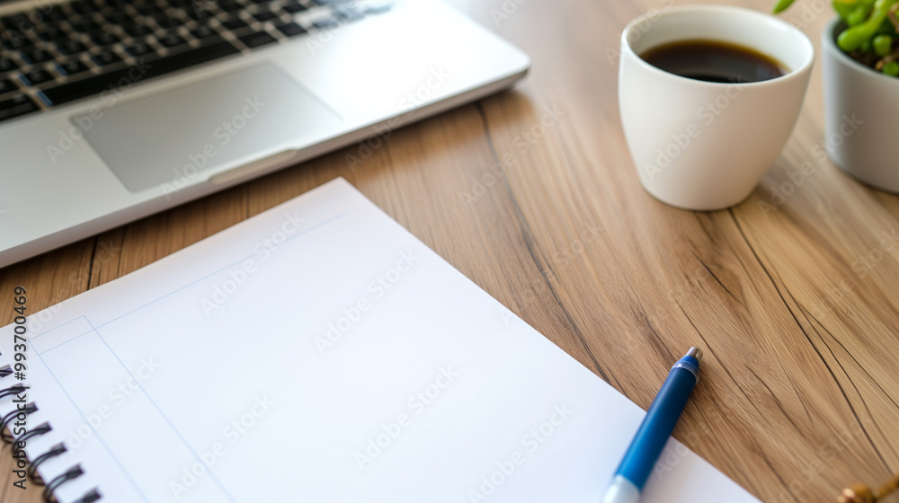 Blank Notebook on Wooden Desk with Laptop, Coffee and Pen Blank Notebook on Wooden Desk with Laptop, Coffee and Pen