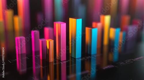 A colorful 3D bar chart rising from a glossy black surface, each bar representing data growth with numbers floating above in a sleek, modern style.