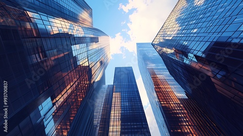 A low-angle view of modern skyscrapers reflecting sunlight against a blue sky.