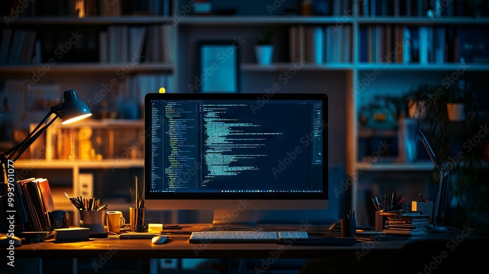 Cozy Nighttime Office with Computer and Gadgets. AI generated illustration Cozy Nighttime Office with Computer and Gadgets. AI generated illustration