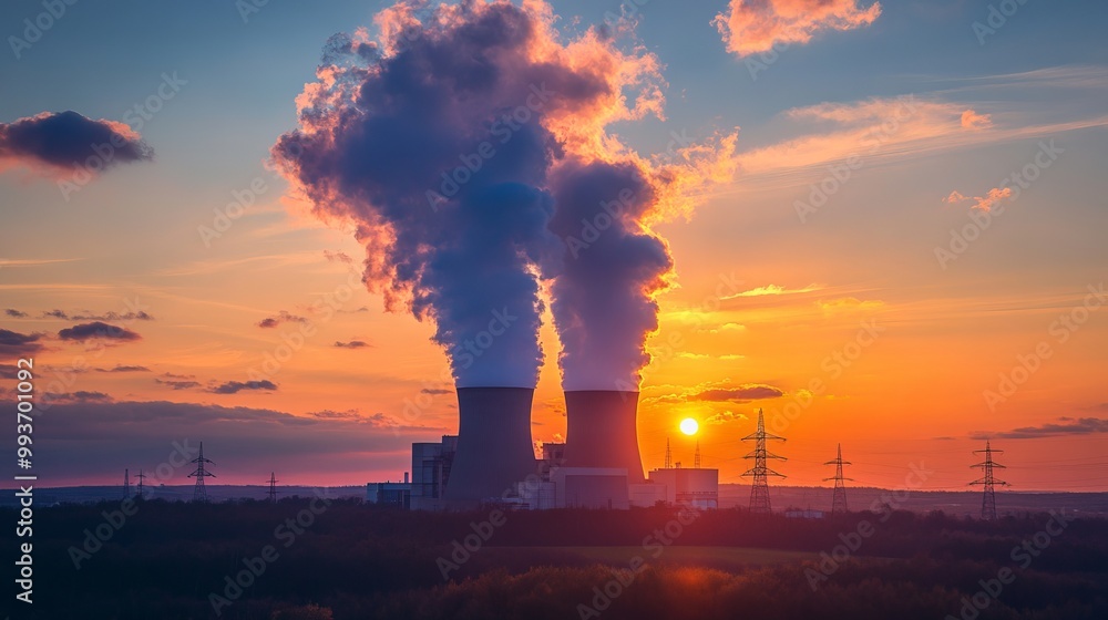 Nuclear Power Plant Against a Sunset Sky: Energy and Environment. AI generated illustration Nuclear Power Plant Against a Sunset Sky: Energy and Environment. AI generated illustration