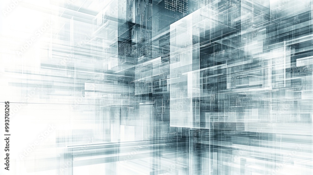 Obraz premium Intricate technical blueprints layered with flowing code, showcasing the convergence of architecture and technology in a sleek, modern design environment