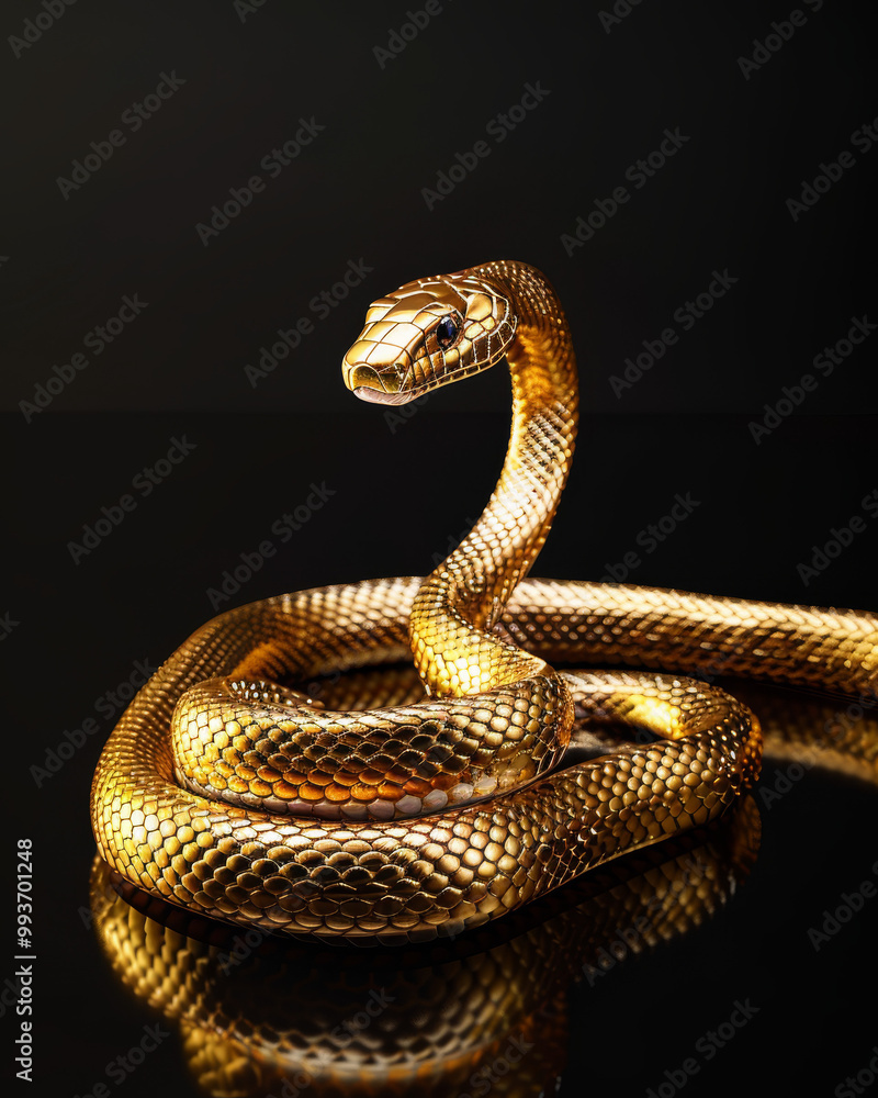 professional photography of a golden metallic snake, full body, studio photo with professional lighting, completely black background professional photography of a golden metallic snake, full body, studio photo with professional lighting, completely black background