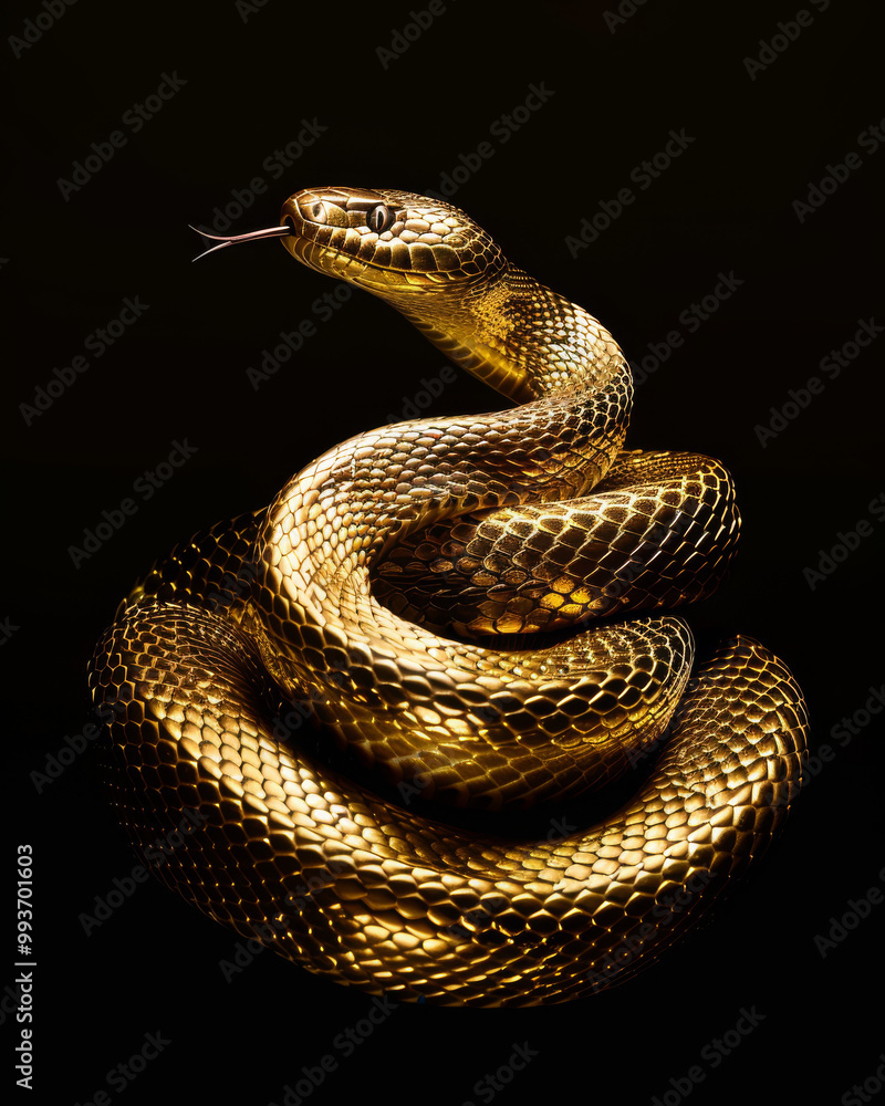 professional photography of a golden metallic snake, full body, studio photo with professional lighting, completely black background professional photography of a golden metallic snake, full body, studio photo with professional lighting, completely black background